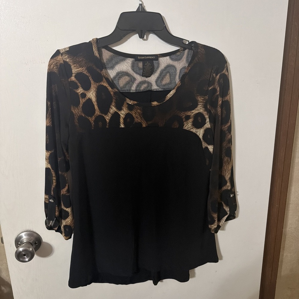 Susan Lawrence Blouse Women S Animal Print Black Stretch Casual